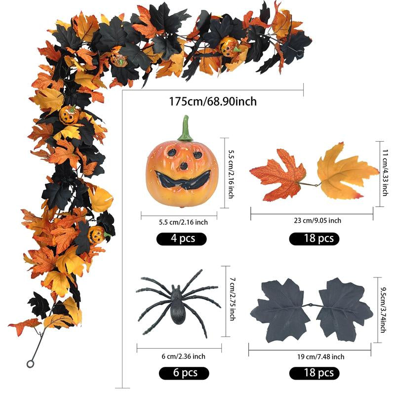 2Pcs Halloween Garland for Spooky Fall Decor, 5.74Ft Gothic Maple Leaf Pumpkin Vine with Spider Accents, Durable Quality Perfect for Fireplace Decoration, Maple Leaf Decorations