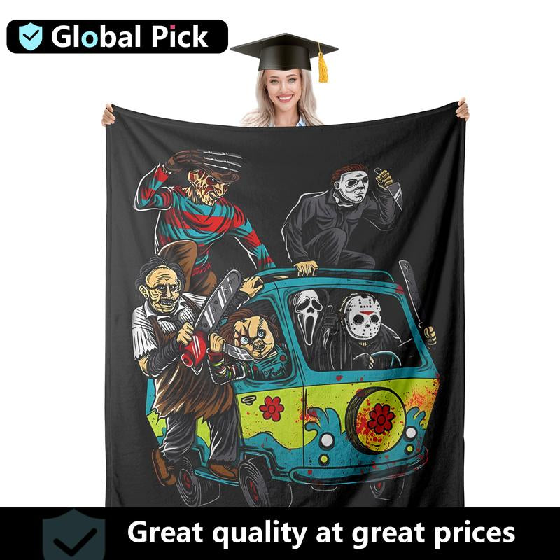 Funny Horror Killer Van Throw Blanket 1 Count for Couch Sofa Bed Use Halloween Blanket Gift for Scary Movie Fans Featuring Classic Villains Driving Mystery Van in Cartoon Style with Chainsaws Knives and Bloody Chaos Elements