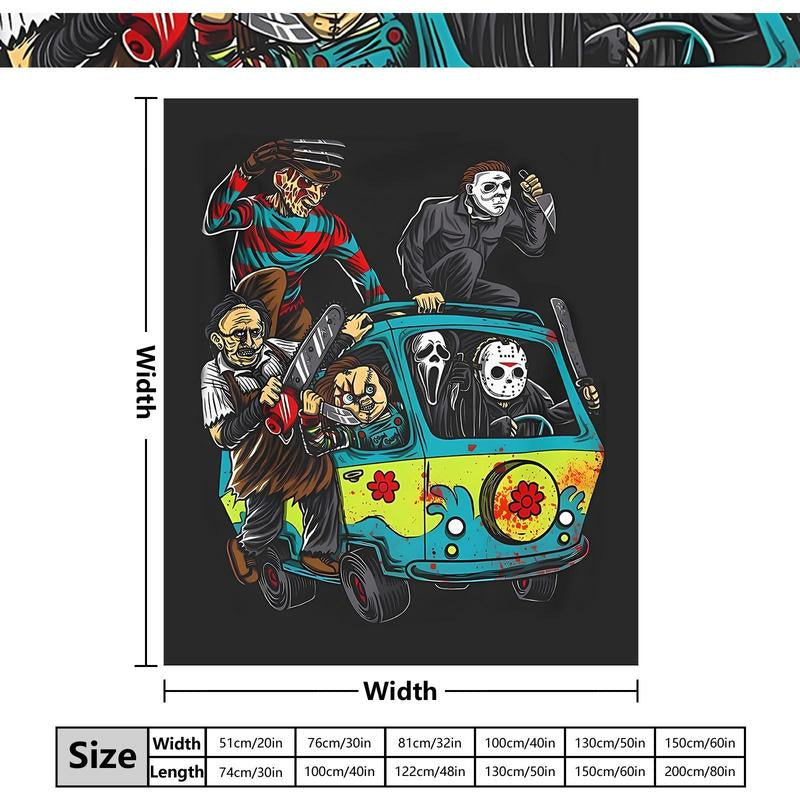 Funny Horror Killer Van Throw Blanket 1 Count for Couch Sofa Bed Use Halloween Blanket Gift for Scary Movie Fans Featuring Classic Villains Driving Mystery Van in Cartoon Style with Chainsaws Knives and Bloody Chaos Elements