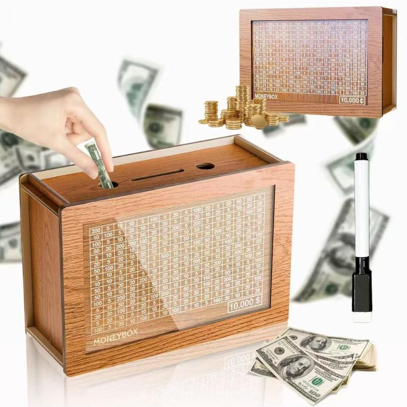 Cash Vault Wooden Savings Box,Wooden Cash Saver Money Box,Wooden Piggy Bank Coin Bank with Counting Target,Wooden Coin Bank for Boys and Girls