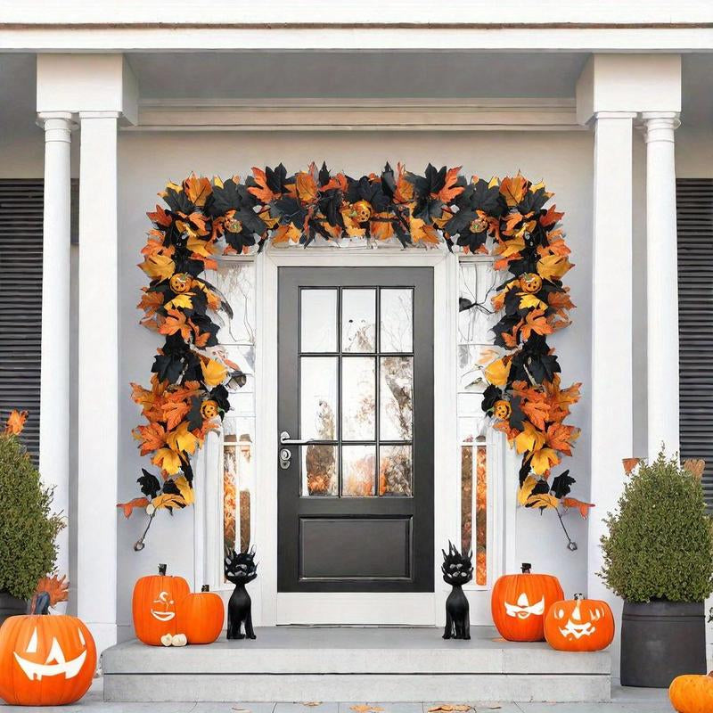 2Pcs Halloween Garland for Spooky Fall Decor, 5.74Ft Gothic Maple Leaf Pumpkin Vine with Spider Accents, Durable Quality Perfect for Fireplace Decoration, Maple Leaf Decorations