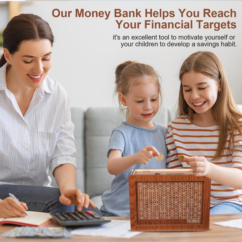 Cash Vault Wooden Savings Box,Wooden Cash Saver Money Box,Wooden Piggy Bank Coin Bank with Counting Target,Wooden Coin Bank for Boys and Girls