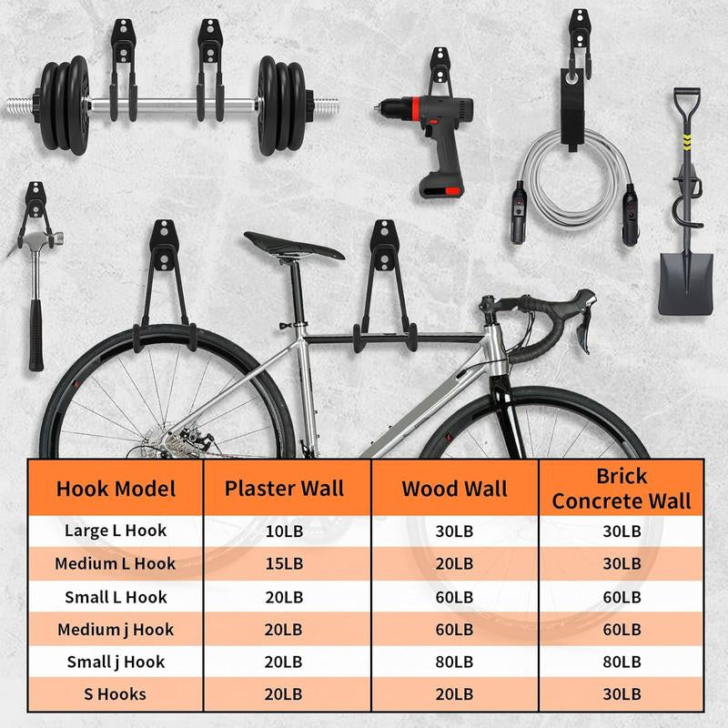 Steel Garage Storage Hooks 16 Pack Anti-Slip Coating Heavy Duty Wall Mount Assorted Sizes Hooks for Hanging Bike Ladder Outdoor Garden Tools
