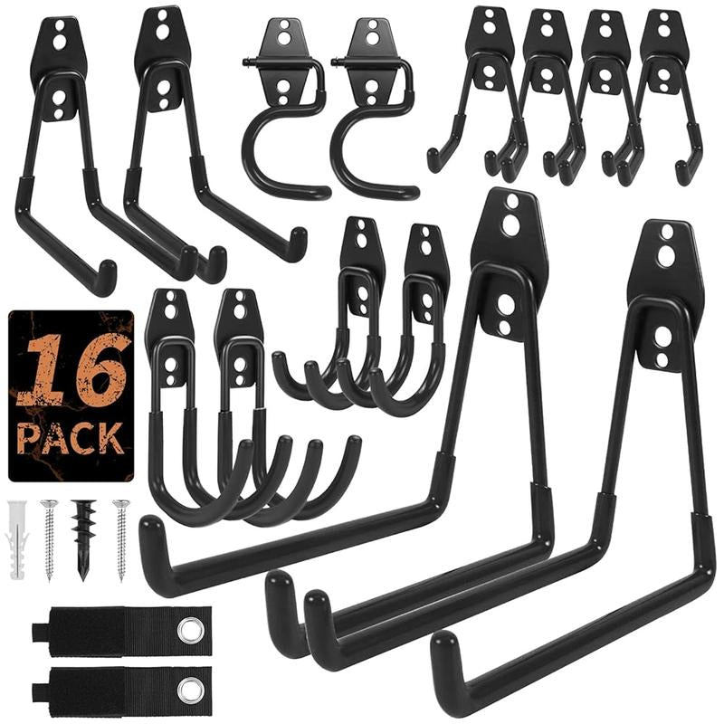 16 Pack Garage Hooks - Carbon Steel High-Tenacity Space-Saving Wall Mount Utility Hooks for Hanging Tools & Ladders with Mounting Screws Organizing