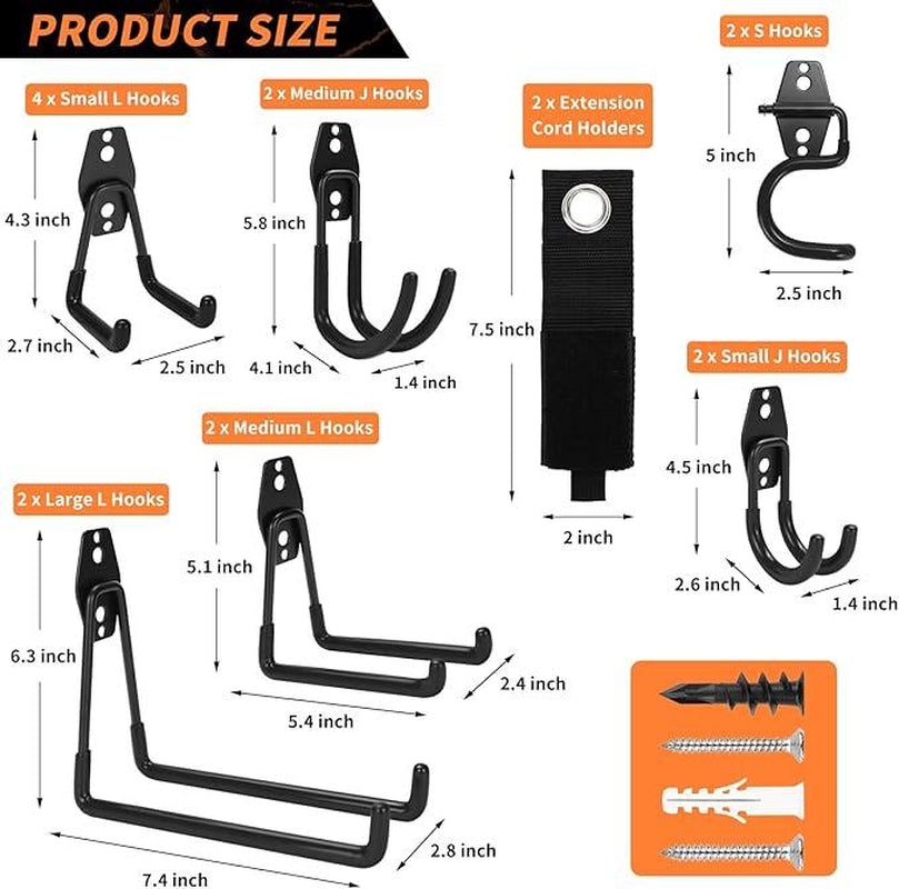Steel Garage Storage Hooks 16 Pack Anti-Slip Coating Heavy Duty Wall Mount Assorted Sizes Hooks for Hanging Bike Ladder Outdoor Garden Tools