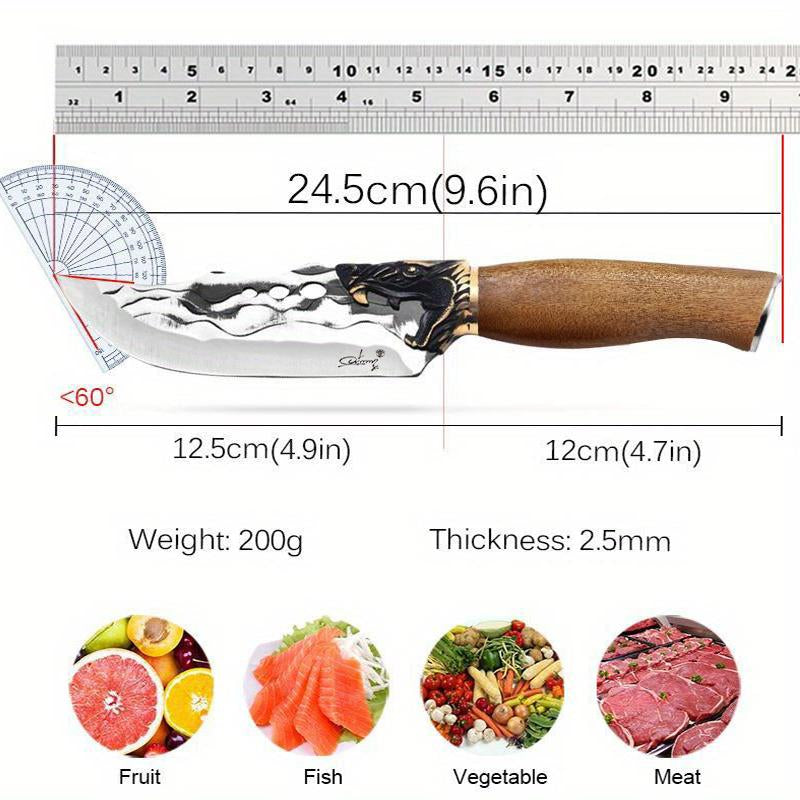 Hammered Stainless Chef & Meat Knife - Textured Stainless Blades & Rosewood Handle - for Camp Kitchen & Home Use