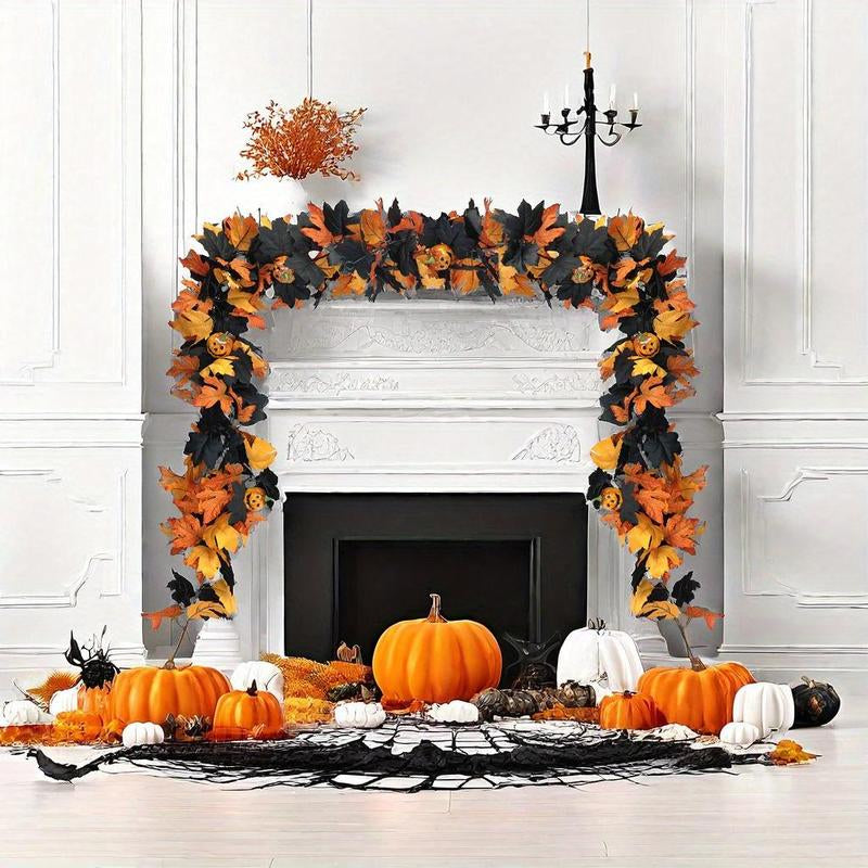2Pcs Halloween Garland for Spooky Fall Decor, 5.74Ft Gothic Maple Leaf Pumpkin Vine with Spider Accents, Durable Quality Perfect for Fireplace Decoration, Maple Leaf Decorations