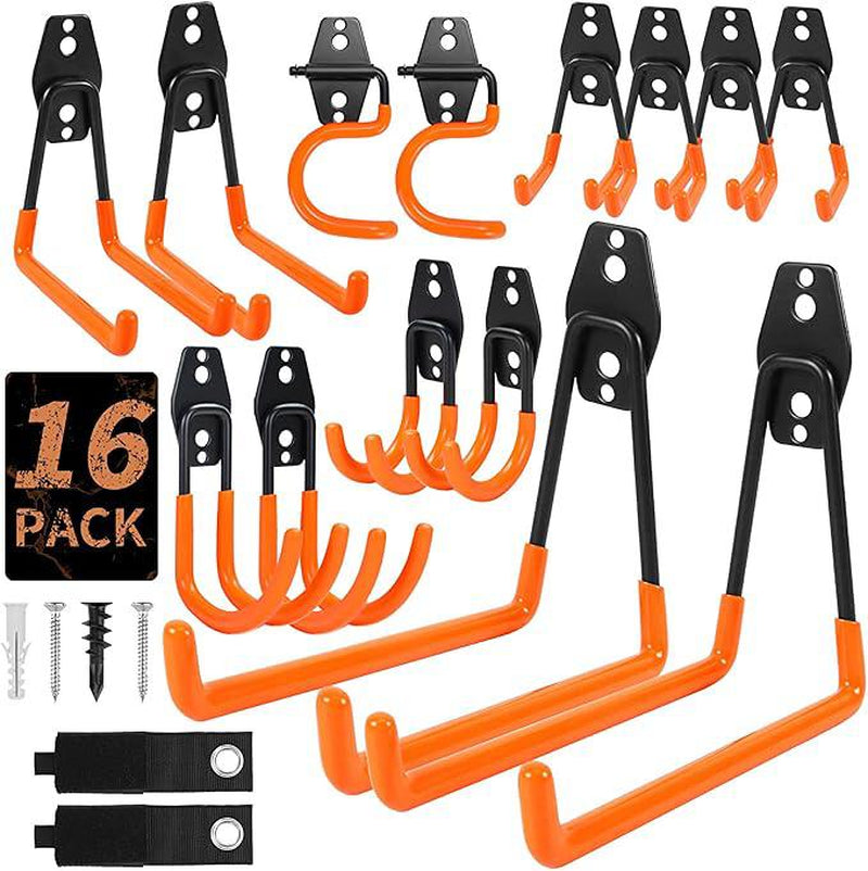 16 Pack Garage Hooks - Carbon Steel High-Tenacity Space-Saving Wall Mount Utility Hooks for Hanging Tools & Ladders with Mounting Screws Organizing