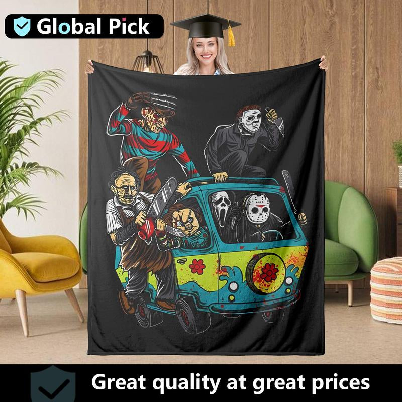 Funny Horror Killer Van Throw Blanket 1 Count for Couch Sofa Bed Use Halloween Blanket Gift for Scary Movie Fans Featuring Classic Villains Driving Mystery Van in Cartoon Style with Chainsaws Knives and Bloody Chaos Elements