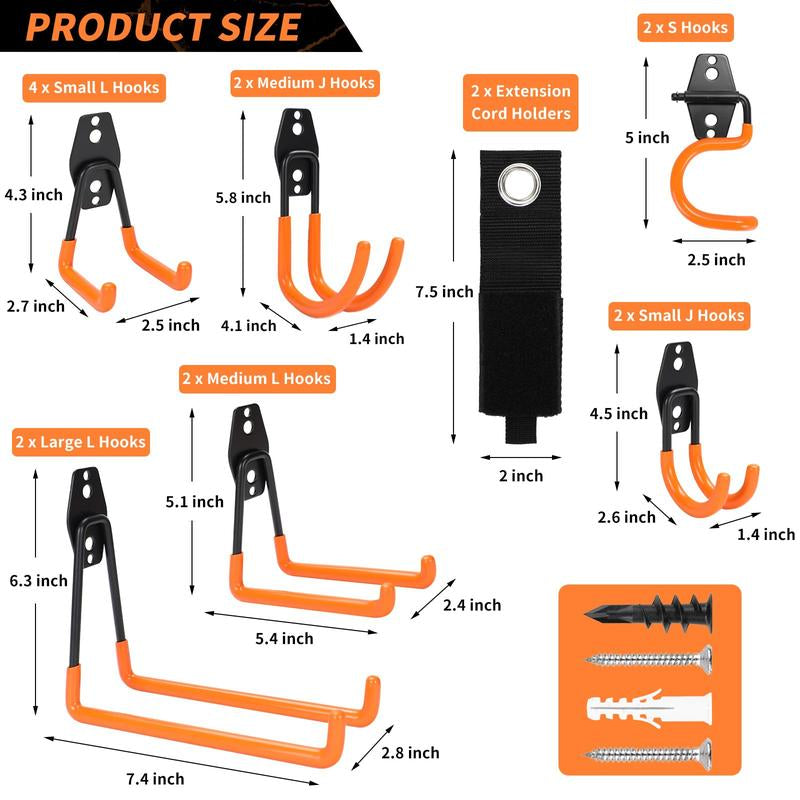16 Pack Garage Hooks - Carbon Steel High-Tenacity Space-Saving Wall Mount Utility Hooks for Hanging Tools & Ladders with Mounting Screws Organizing