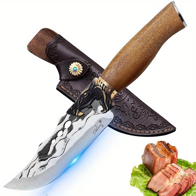Hammered Stainless Chef & Meat Knife - Textured Stainless Blades & Rosewood Handle - for Camp Kitchen & Home Use