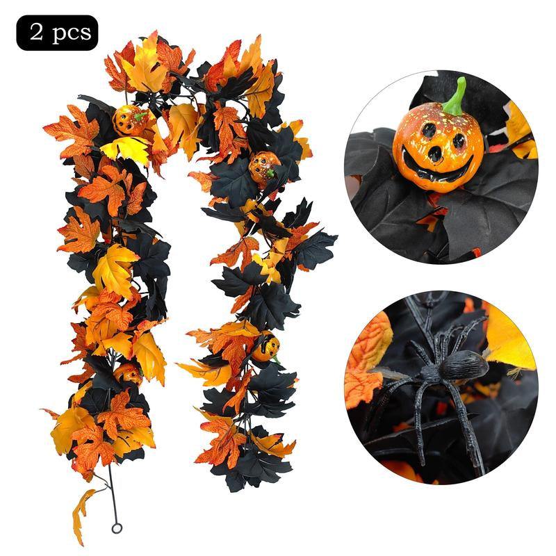 2Pcs Halloween Garland for Spooky Fall Decor, 5.74Ft Gothic Maple Leaf Pumpkin Vine with Spider Accents, Durable Quality Perfect for Fireplace Decoration, Maple Leaf Decorations