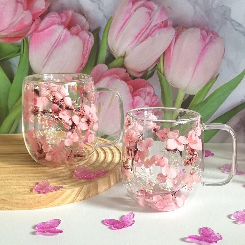 Flower Pattern Glass Cup, 2 Counts/Set Double Wall Insulated Glass Cup, Transparent Drinking Cup for Cappuccino, Tea, Espresso, Latte & Hot Beverages, Drinkware