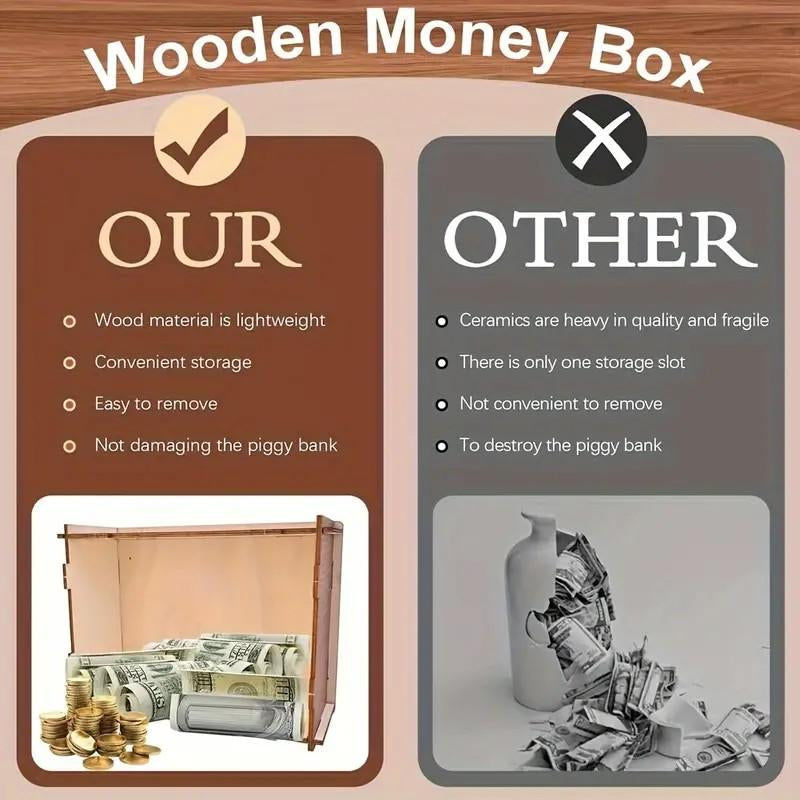 Cash Vault Wooden Savings Box,Wooden Cash Saver Money Box,Wooden Piggy Bank Coin Bank with Counting Target,Wooden Coin Bank for Boys and Girls