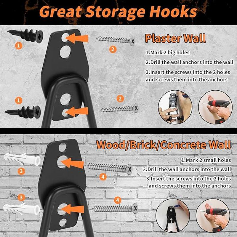 Steel Garage Storage Hooks 16 Pack Anti-Slip Coating Heavy Duty Wall Mount Assorted Sizes Hooks for Hanging Bike Ladder Outdoor Garden Tools