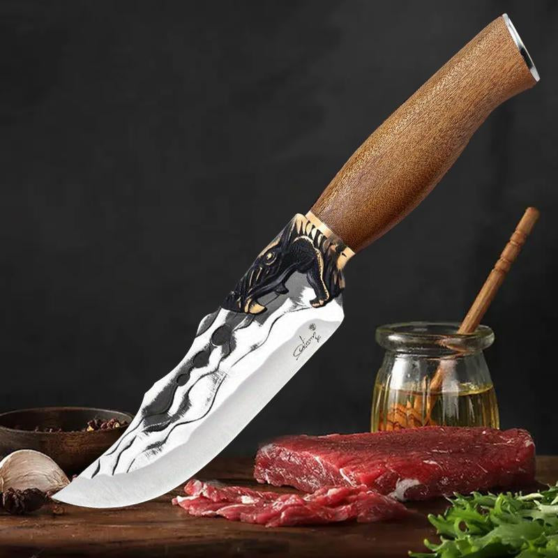 Hammered Stainless Chef & Meat Knife - Textured Stainless Blades & Rosewood Handle - for Camp Kitchen & Home Use