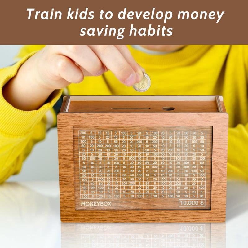 Cash Vault Wooden Savings Box,Wooden Cash Saver Money Box,Wooden Piggy Bank Coin Bank with Counting Target,Wooden Coin Bank for Boys and Girls