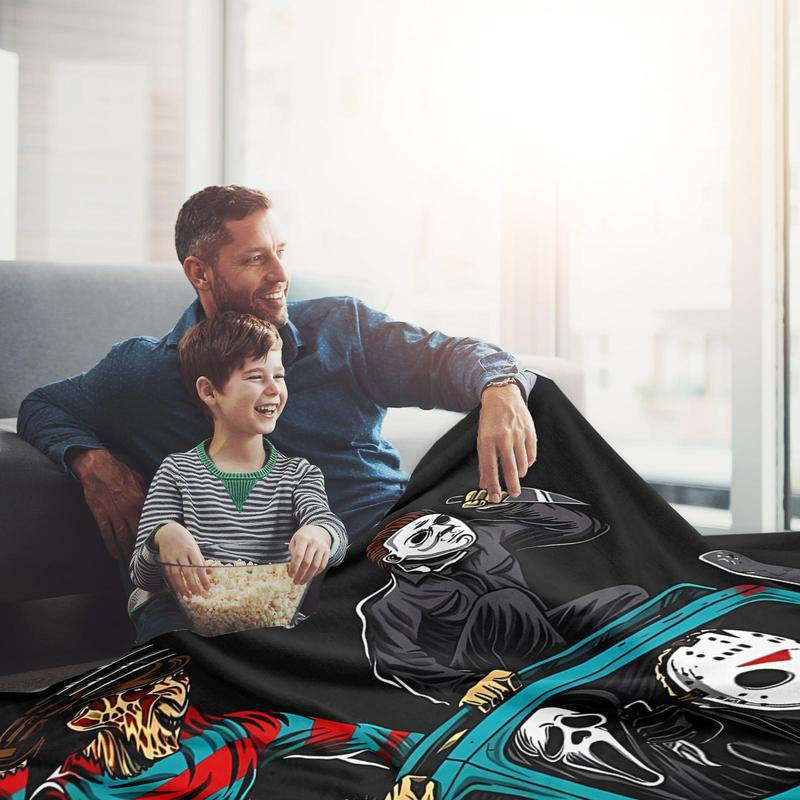 Funny Horror Killer Van Throw Blanket 1 Count for Couch Sofa Bed Use Halloween Blanket Gift for Scary Movie Fans Featuring Classic Villains Driving Mystery Van in Cartoon Style with Chainsaws Knives and Bloody Chaos Elements