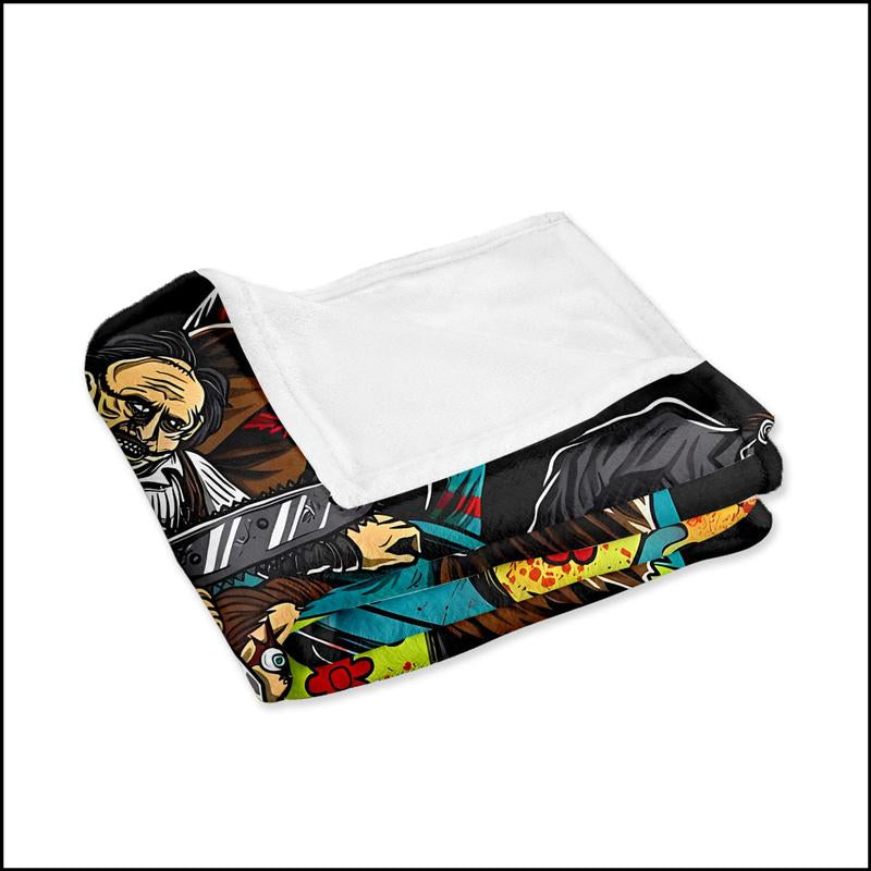 Funny Horror Killer Van Throw Blanket 1 Count for Couch Sofa Bed Use Halloween Blanket Gift for Scary Movie Fans Featuring Classic Villains Driving Mystery Van in Cartoon Style with Chainsaws Knives and Bloody Chaos Elements