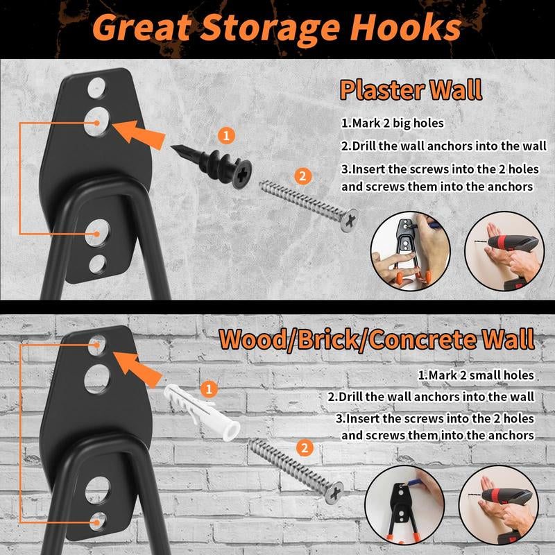16 Pack Garage Hooks - Carbon Steel High-Tenacity Space-Saving Wall Mount Utility Hooks for Hanging Tools & Ladders with Mounting Screws Organizing