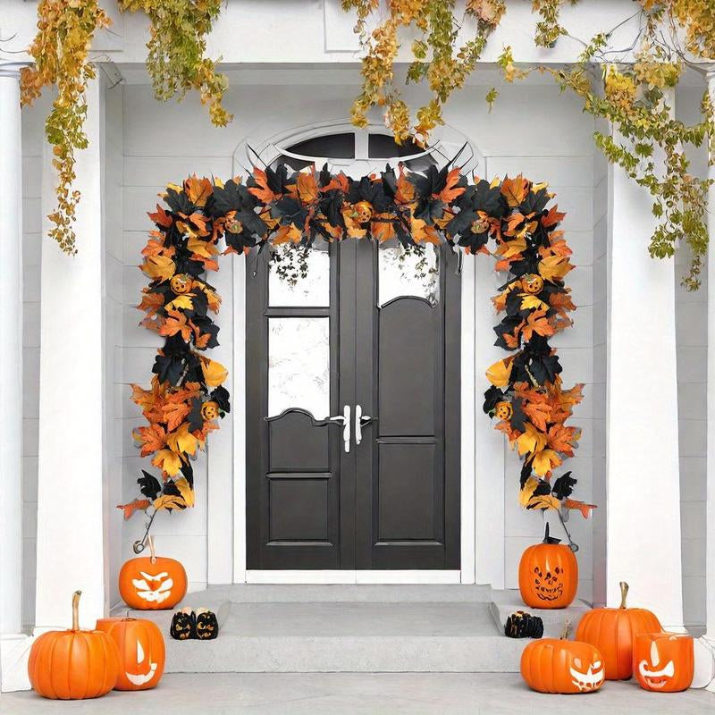 2Pcs Halloween Garland for Spooky Fall Decor, 5.74Ft Gothic Maple Leaf Pumpkin Vine with Spider Accents, Durable Quality Perfect for Fireplace Decoration, Maple Leaf Decorations