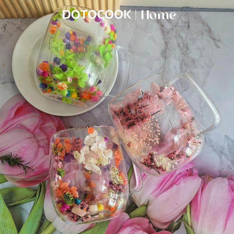 Flower Pattern Glass Cup, 2 Counts/Set Double Wall Insulated Glass Cup, Transparent Drinking Cup for Cappuccino, Tea, Espresso, Latte & Hot Beverages, Drinkware