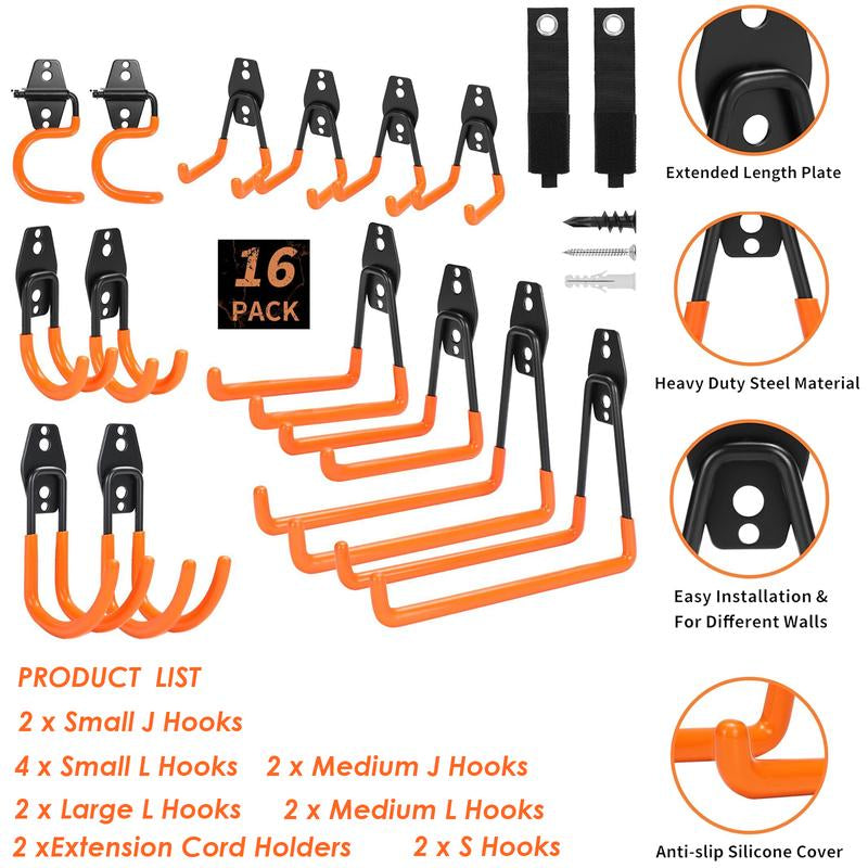 16 Pack Garage Hooks - Carbon Steel High-Tenacity Space-Saving Wall Mount Utility Hooks for Hanging Tools & Ladders with Mounting Screws Organizing