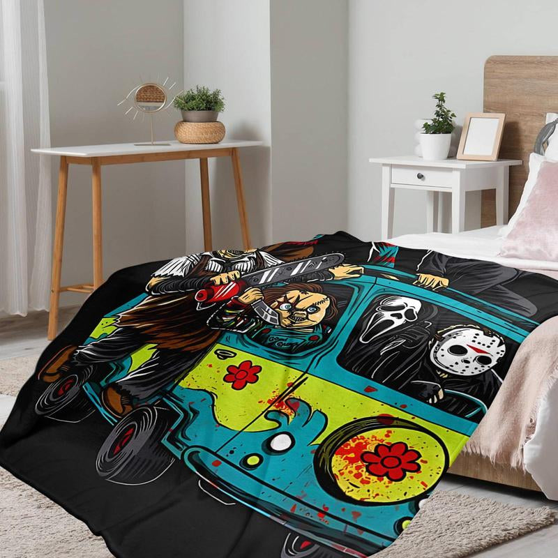 Funny Horror Killer Van Throw Blanket 1 Count for Couch Sofa Bed Use Halloween Blanket Gift for Scary Movie Fans Featuring Classic Villains Driving Mystery Van in Cartoon Style with Chainsaws Knives and Bloody Chaos Elements