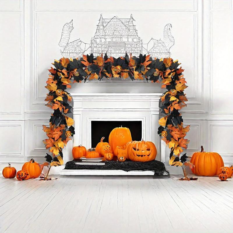 2Pcs Halloween Garland for Spooky Fall Decor, 5.74Ft Gothic Maple Leaf Pumpkin Vine with Spider Accents, Durable Quality Perfect for Fireplace Decoration, Maple Leaf Decorations