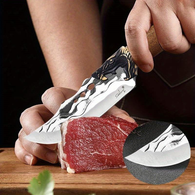 Hammered Stainless Chef & Meat Knife - Textured Stainless Blades & Rosewood Handle - for Camp Kitchen & Home Use