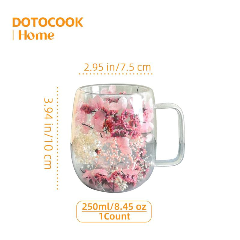 Flower Pattern Glass Cup, 2 Counts/Set Double Wall Insulated Glass Cup, Transparent Drinking Cup for Cappuccino, Tea, Espresso, Latte & Hot Beverages, Drinkware