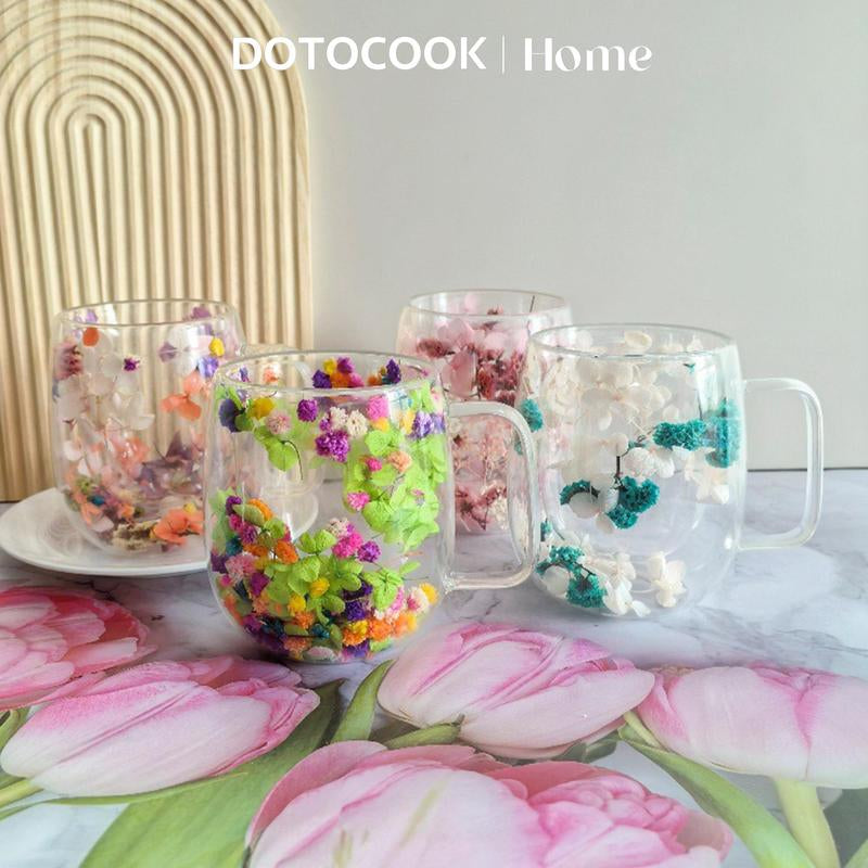 Flower Pattern Glass Cup, 2 Counts/Set Double Wall Insulated Glass Cup, Transparent Drinking Cup for Cappuccino, Tea, Espresso, Latte & Hot Beverages, Drinkware