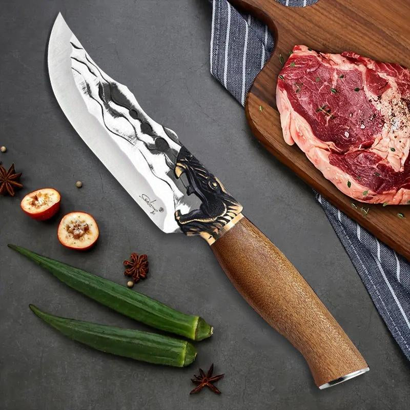 Hammered Stainless Chef & Meat Knife - Textured Stainless Blades & Rosewood Handle - for Camp Kitchen & Home Use