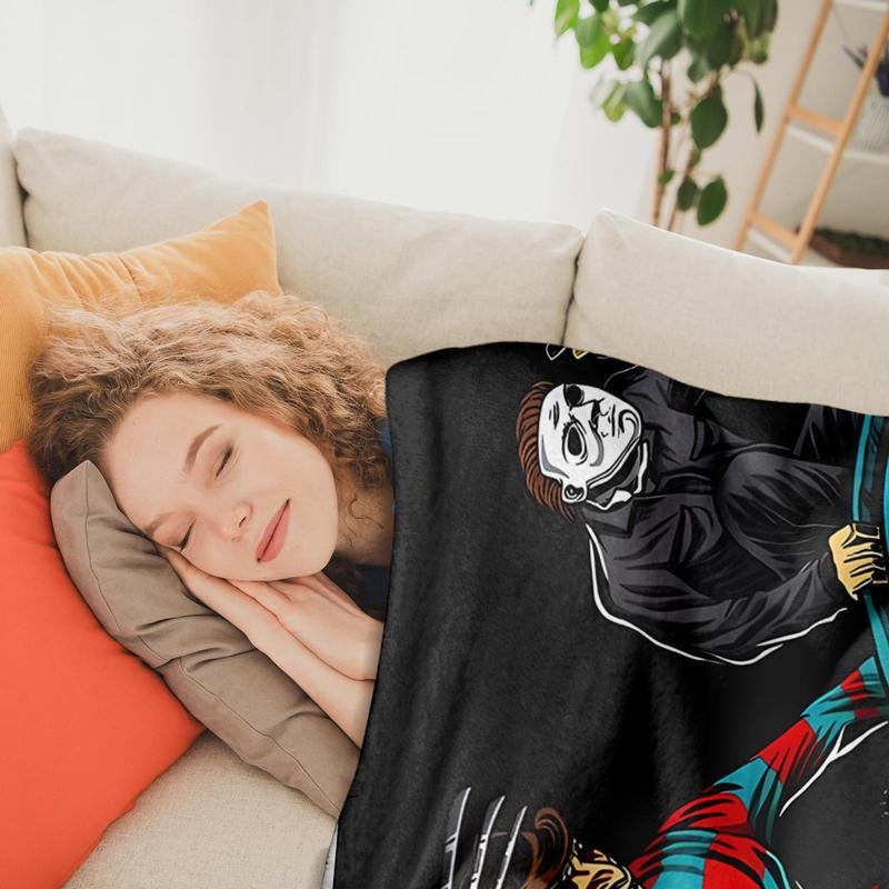 Funny Horror Killer Van Throw Blanket 1 Count for Couch Sofa Bed Use Halloween Blanket Gift for Scary Movie Fans Featuring Classic Villains Driving Mystery Van in Cartoon Style with Chainsaws Knives and Bloody Chaos Elements