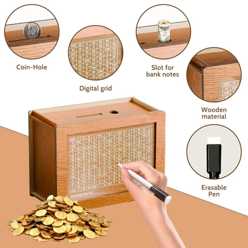 Cash Vault Wooden Savings Box,Wooden Cash Saver Money Box,Wooden Piggy Bank Coin Bank with Counting Target,Wooden Coin Bank for Boys and Girls