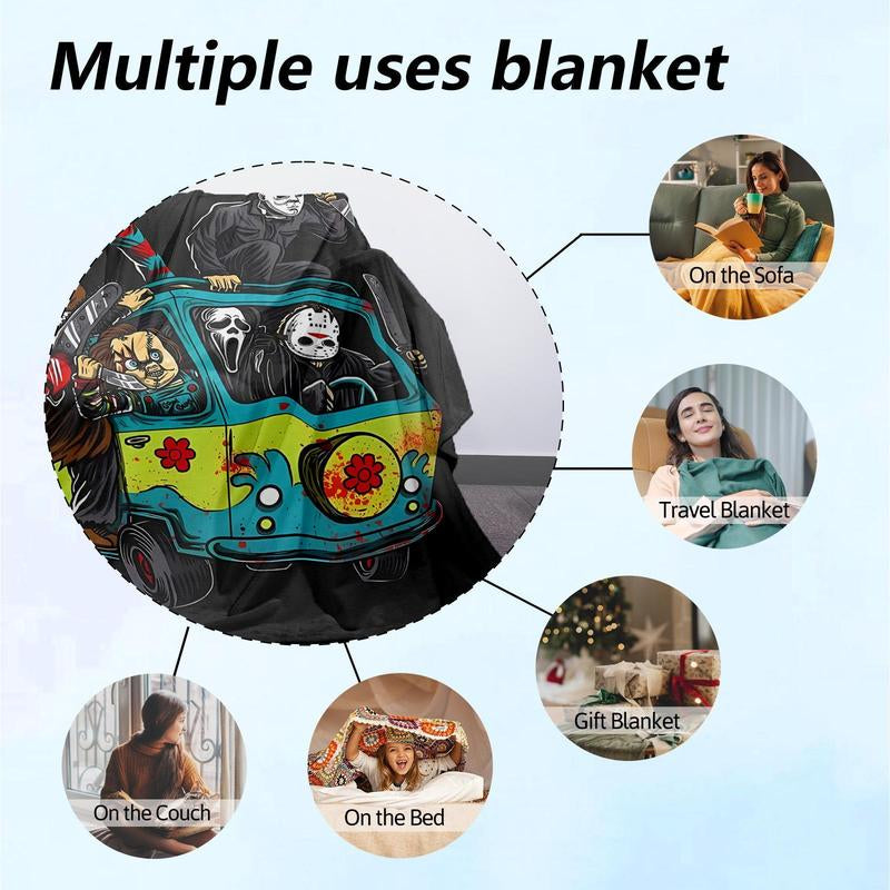 Funny Horror Killer Van Throw Blanket 1 Count for Couch Sofa Bed Use Halloween Blanket Gift for Scary Movie Fans Featuring Classic Villains Driving Mystery Van in Cartoon Style with Chainsaws Knives and Bloody Chaos Elements