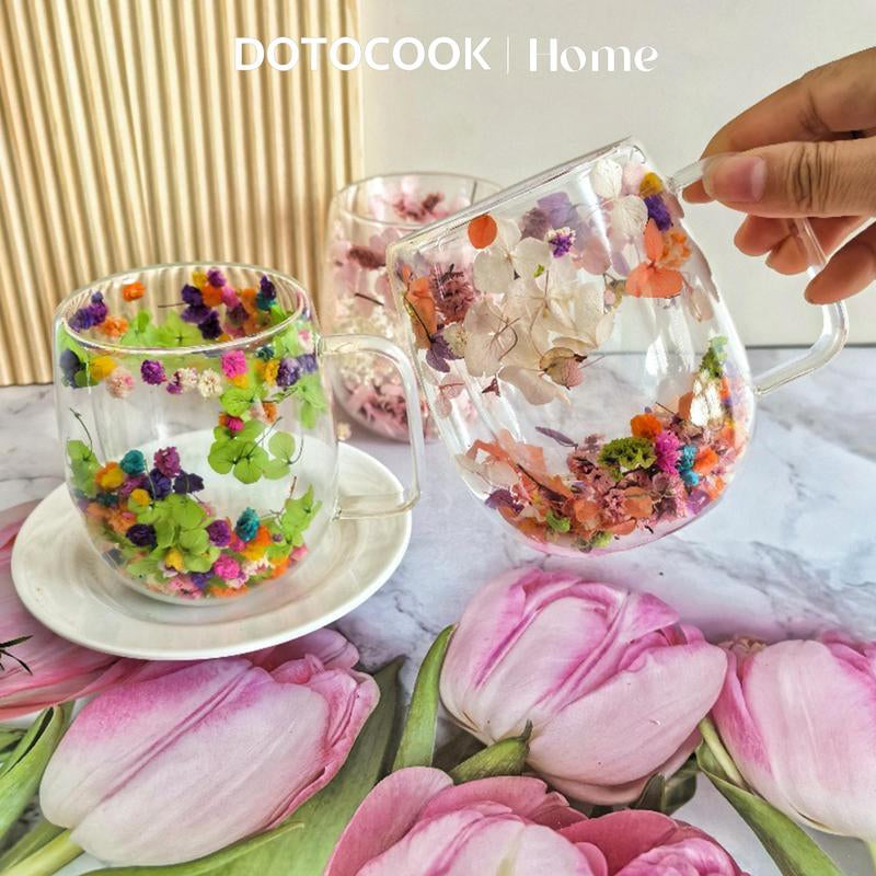 Flower Pattern Glass Cup, 2 Counts/Set Double Wall Insulated Glass Cup, Transparent Drinking Cup for Cappuccino, Tea, Espresso, Latte & Hot Beverages, Drinkware